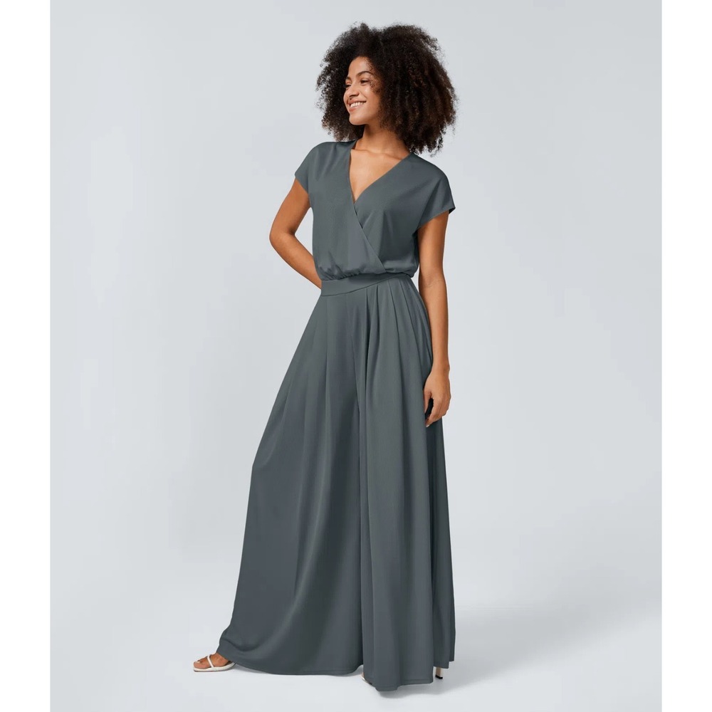 Halara V Neck Short Sleeve Waffle Wide Leg Jumpsuit Large Gray Casual Loungewear